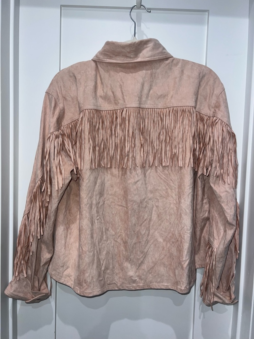 Women’s Fringed Suede Jacket in Blush Pink